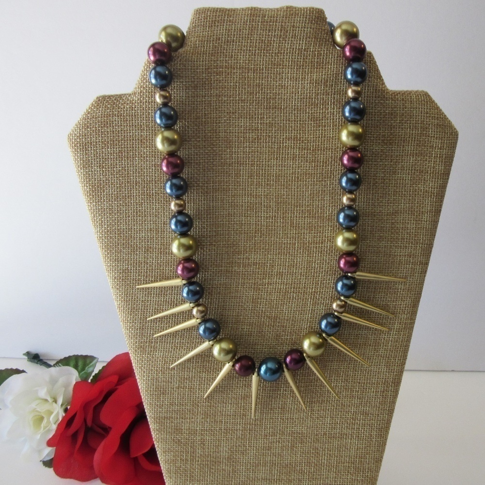 Hand Crafted Pearl Necklace & Earrings Gold Spikes Burgundy, Gold, Blue Glass